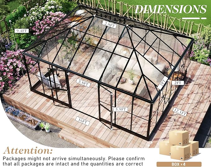HOWE 16x12x9.5 FT Pavilion Styled Greenhouse with Clear Panels Double Swing Doors, 4 Vents Hybrid Polycarbonate Greenhouse, Green Houses for Outdoors, Sunroom Black