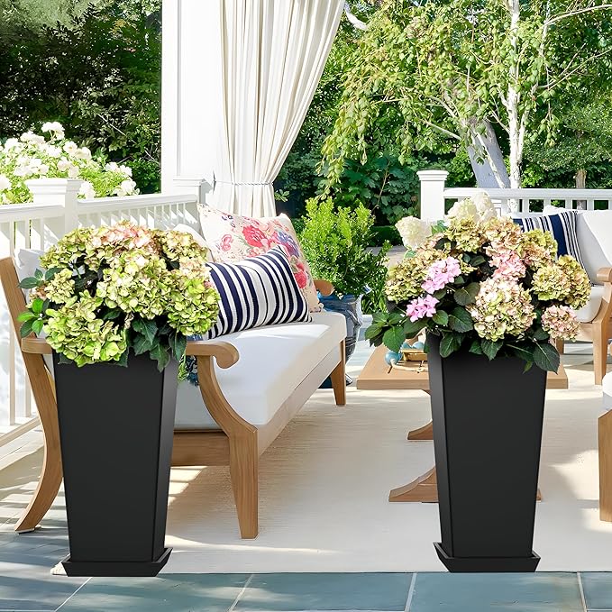 TUYOHW Set of 4 24" Tall Plastic Planters with Trays, Large Tapered Plant Pots for Indoor Outdoor Use, Modern Decorative Planters for Porch, Patio, Garden, and Backyard