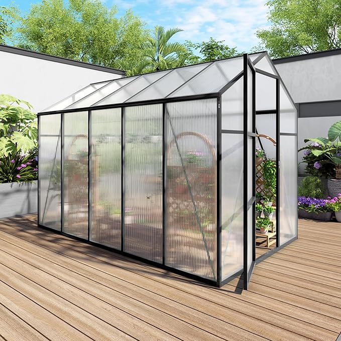6x10 FT Greenhouse,Outdoor Greenhouse W/ Roof Vent,Walk-in Aluminum Polycarbonate Green House W/ Drainage System & Ground Nails,Green Houses for Outside Garden,Backyard,Patio,Lawn,Black