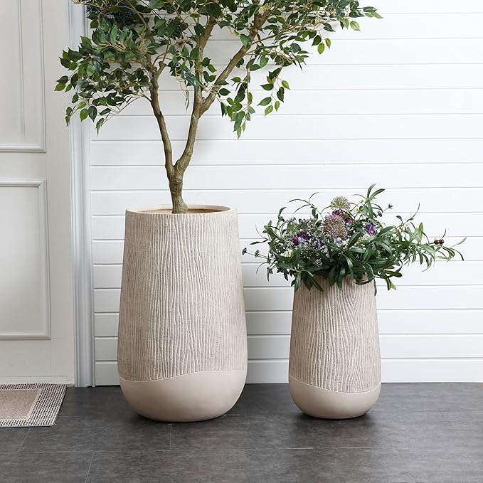 LuxenHome 19" H Concrete Tall Planter, Large Outdoor Indoor Decorative Plant Pot with Drainage Hole and Rubber Plug, Modern Blended Tan with Wood Pattern Planter Pot for Home Garden Patio