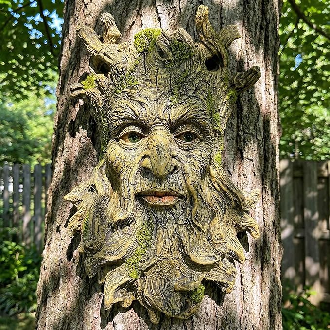 10.3" Whimsical Tree Face Sculpture, Garden Peeker Statue, Outdoor Trunk Tree Huggers Art, Landscape Accent Ornament, Hanging Fairy Elve Figurine for Yard Art, Trees Decor Wall Mounted Statues