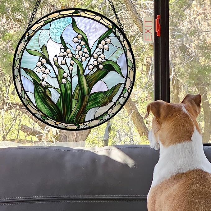 AMDERVEN Stained Glass Window Hanging, White Green Lily of The Walley Flowers Sun Catcher for Door Home Decor Plants Suncatcher Christmas Mother's Day Birthday Gifts for Women Men Mom Nana 9.8 in