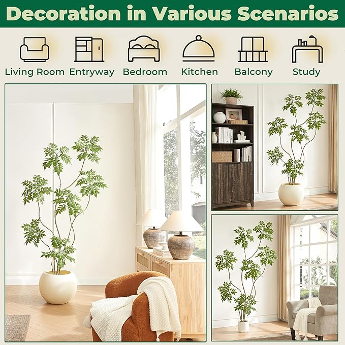 FloraFairy 6.5FT Artificial Sumac Tree with White Pot, Tall Faux Plants Indoor, Large Fake Tree with Nearly Natural Silk Plant (Real Touch), for Home, Office, Living Room, Patio, Lobby Decor