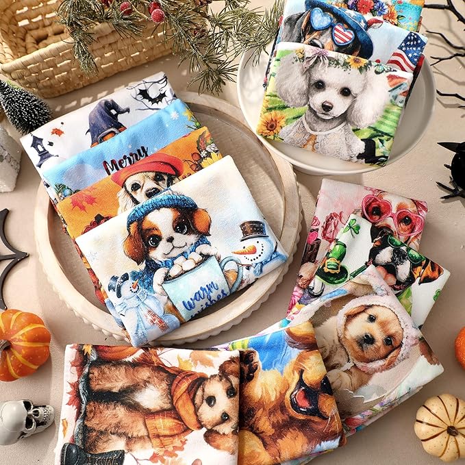 Peryiter 12 Pcs Seasonal Kitchen Towels Set for All Holidays, Seasonal Hand Dish Tea Towels Bulk Valentine's Day Absorbent Dishcloths Housewarming Gift for Cooking Kitchen Bathroom(Cute Dog)