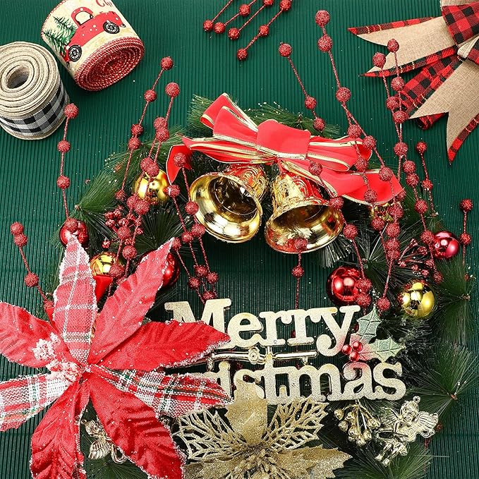 Syhood 200 Pcs Glitter Berry Stems, 13.8 Inches Christmas Berry Picks Holly Branches for Christmas Tree Decorations, Holiday Ornaments Home Decor and DIY Crafts(Red)