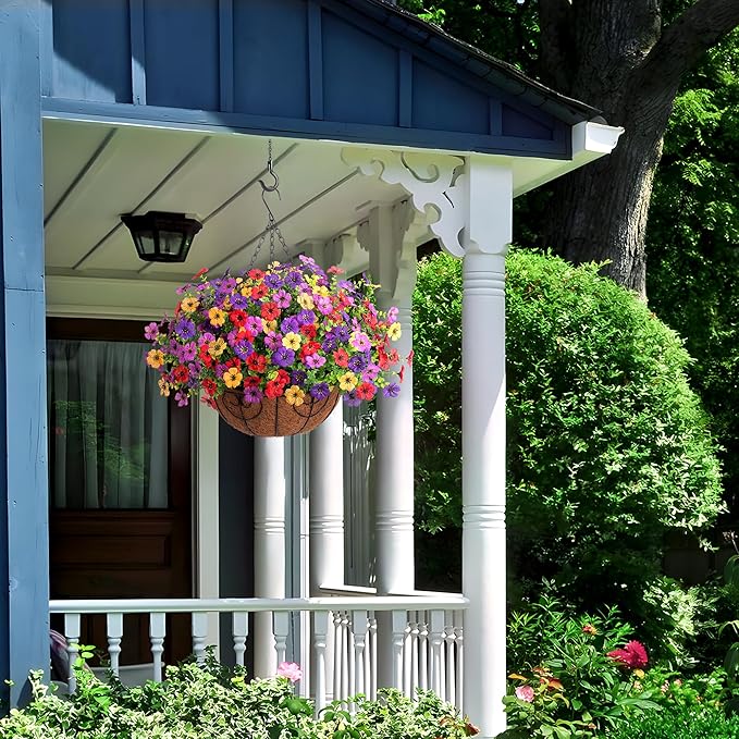 Artificial Fake Flowers Basket for Spring Outdoor Decor, Faux Mums Floral Hanging Plant for Summer Outside Decor, Silk Daisy with Eucalyptus Leaves for Home Patio Garden