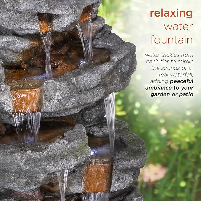 Alpine Corporation TZL284 39" Outdoor 4-Tier Cascading Stone Water Fountain with LED Lights – Natural Stone Look Water Feature for Patio, Garden, and Backyard Décor, Gray
