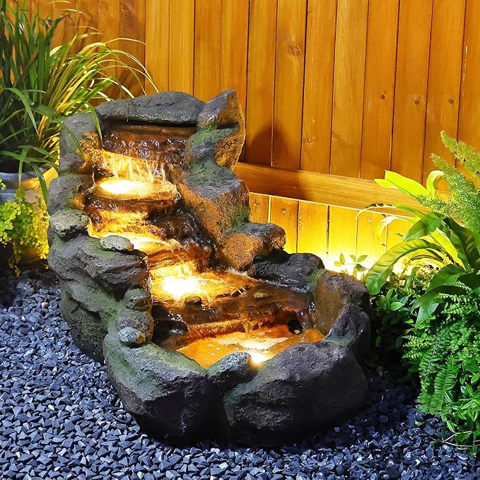 42" L Outdoor Water Fountain with 3 Tiers Cascading Realistic Tree Trunk Waterfall Fountains with LED Lights Outdoor Water Fountain for Garden Patio Backyard Porch Home Decor