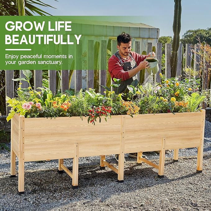 AMERLIFE 8x2 Ft Raised Garden Bed, 16 Inch Depth Featuring Legs, Drainage Holes, Ideal for Deep Rooted Vegetables, Flowers, Herbs, Elevated Wood Planter Box for Balcony, Patio, Backyard, Easy Assembly