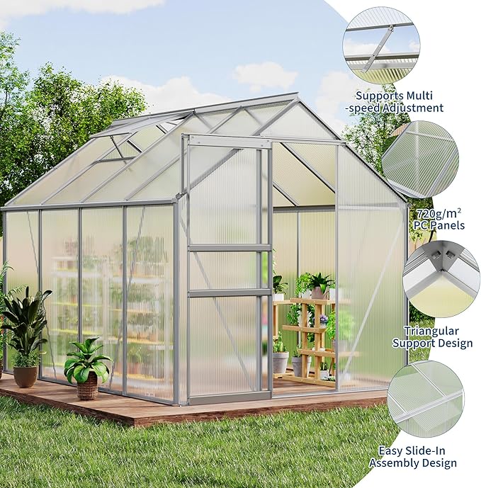 CABIHOME 6 x 8 FT Greenhouses for Outside, Polycarbonate Greenhouse with Aluminum Frame, Sliding Door, Adjustable Roof Vent, Backyard Green Houses, Patio Garden, Silver