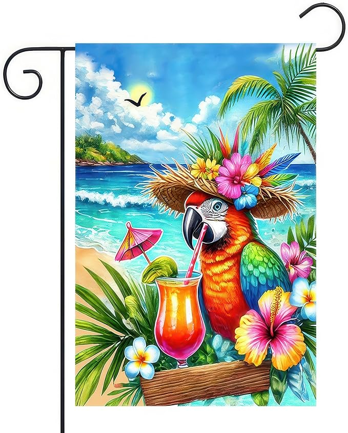 Summer Parrot Garden Flag 12x18 Double Sided Tropical Bird Yard Flag Red Parrot Welcome Banner Outdoor Beach Palm Tree Decor Summer Garden Decorations for Home Lawn Patio Porch