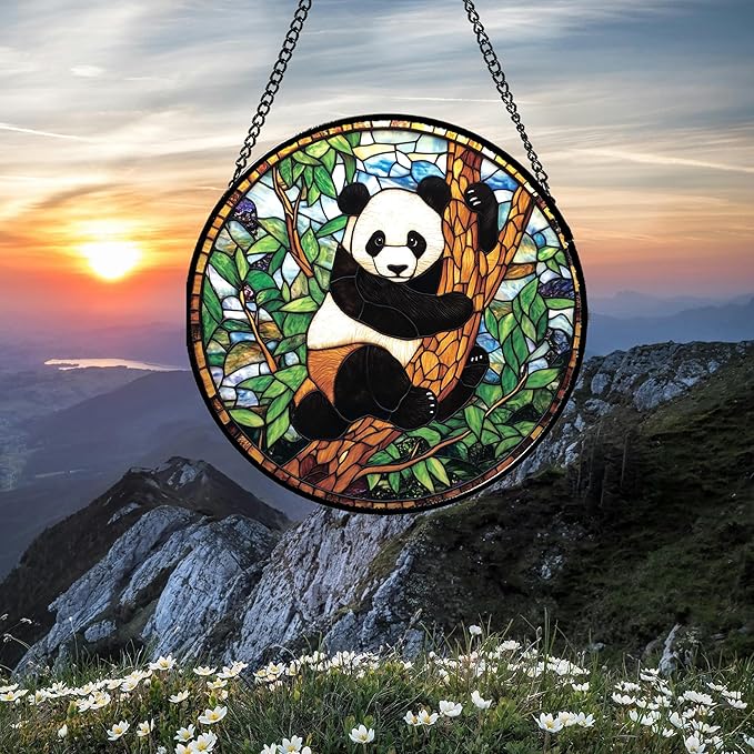 Stained Glass Window Hanging - Cute Panda Suncatcher for Doors Garden Patio Sun Catchers Decor Christmas Mother's Day Birthday Teenager Gifts for Women Men Mom Nana Friend 7.8 in