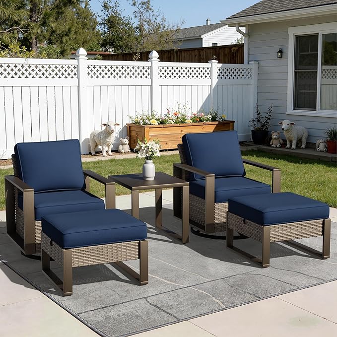 Outdoor Patio Swivel Rocker Chairs, 5 Pieces Wicker Furniture Set, 2 Swivel Rocking Chairs, 2 Ottoman and 1 Table, Metal Wide Armrest, Thick Cushions and Deep Seating for Garden, Backyard, Porch, Deck