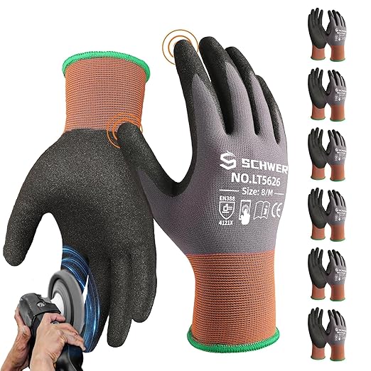Schwer 6 Pairs Safety Work Gloves Sandy Nitrile Coated LT5626, Max Abrasion Resistant Heavy Duty Working Gloves with Grip for Men Women, Touch-Screen, for General Use, Mechanic, Construction, M