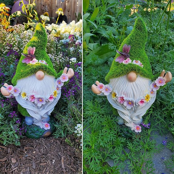 DiliComing Garden Flocked Gnomes Decor for Yard - Artificial Green Moss Gnome Statue with Solar Light, Dwarf Sculpture for Outdoor Patio Porch Lawn Decor, Spring Decorations for Home