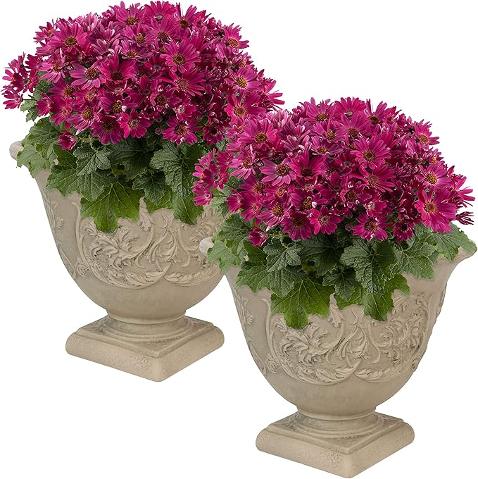 Sunnydaze 16-Inch Darcy Round Plant Pot - Polyresin Large Outdoor Urn Planter with Drillable Drainage Hole - 2 Pack - Beige
