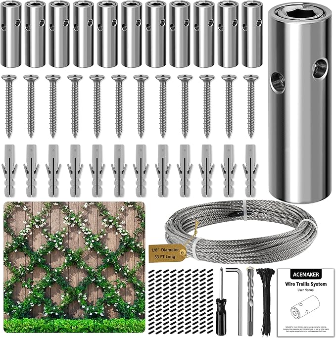 Acemaker Wire Trellis for Climbing Plants Outdoor, 12-Set Wall Wire Trellis Kit with 1/8in x 53ft Stainless Steel Cable, T316 Cylindrical Espalier System for Fence and Garden DIY Projects