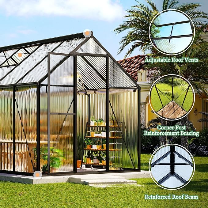 AMERLIFE 6x20 Ft Polycarbonate Greenhouse for Outdoors, Walk-in Design with Aluminum Frame, 2 Windows and Swing Door, Heavy-Duty Greenhouse Construction for Garden, Black