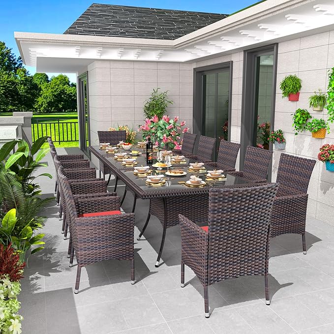 15 Piece Outdoor Dining Set,Rattan Patio Conversation Set of 12 Chairs,Patio Dining Table and Chairs w/Cushions,Square Glass Tabletop,Umbrella Cutout for Patio,Red