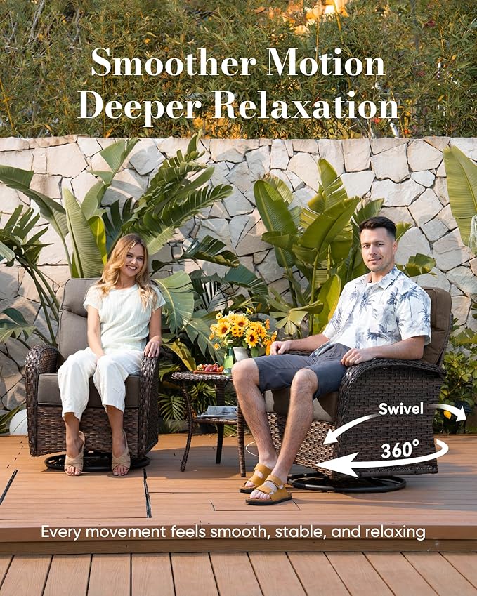 Belord Upgraded 6“ Cushion Luxury 5 Piece Patio Furniture Set - High Back Outdoor Furniture Set with Swivel Rocker Patio Chairs, All-Weather Wicker Conversation Set for Deck Porch Yard - Brown/Grey