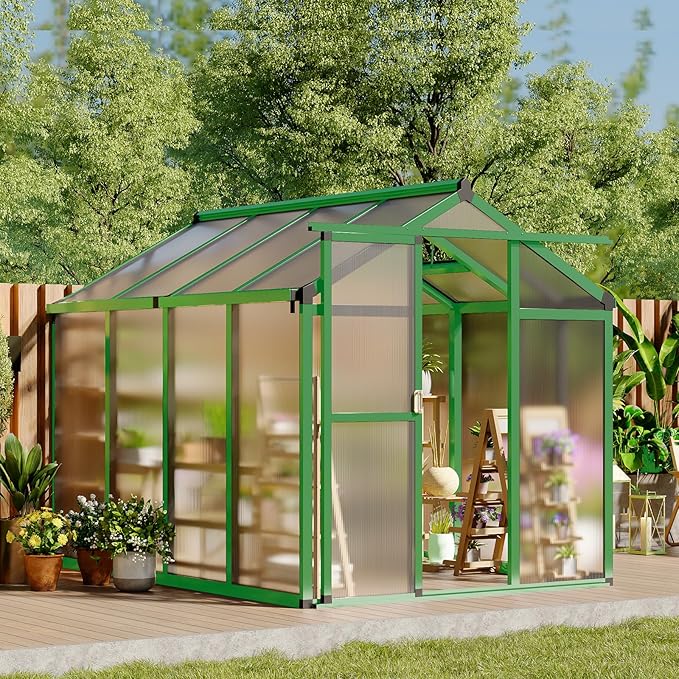 6 X 8 Ft Greenhouse, Greenhouses for Outside, Polycarbonate Greenhouse with Aluminum Frame, Lockable Door and Ajustable Roof Vent for Backyard, Green Houses for Outside Garden Backyard, Patio