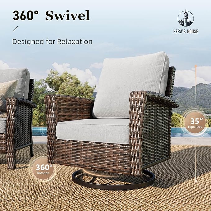 HERA'S HOUSE Gray Patio Furniture Set, Outdoor Sectional Seating Furniture, 35" High Back Swivel Wicker Chairs with 5.5" Thick Cushions, 6-Piece Patio Conversation Sofa Sets for Deck Lawn Backyard