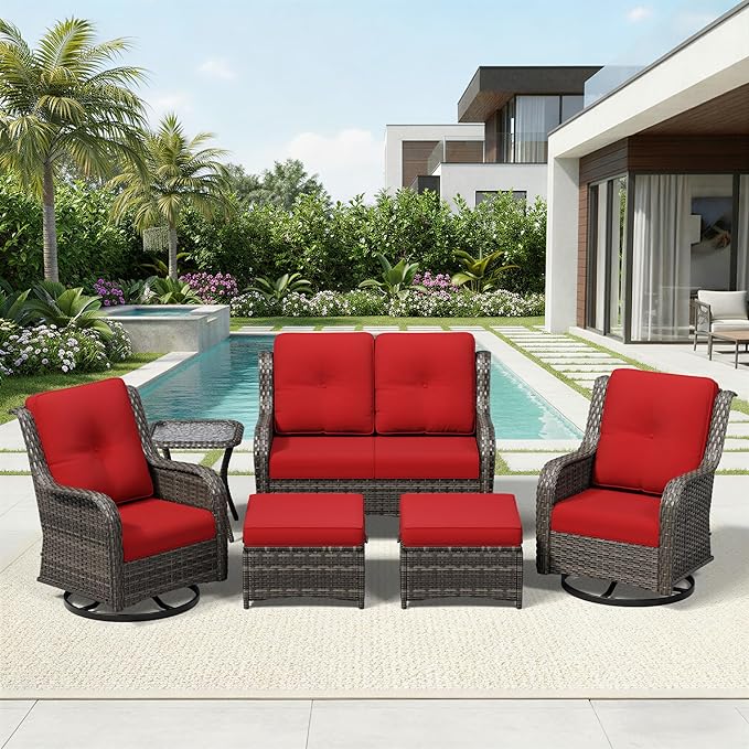 Joyside 6 Piece Wicker Patio Furniture Set, Outdoor Swivel Rocker Patio Chairs with High Back, Deep Seating, Wide Armrest, Thickened Cushions, Outdoor Furniture for Deck, Porch Use