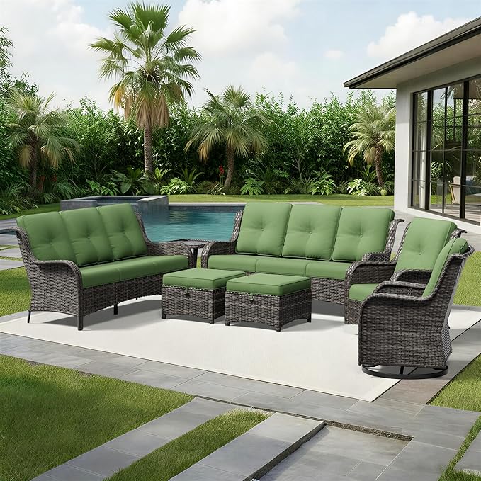 Joyside 7 Piece Wicker Patio Furniture Set, Outdoor Swivel Rocker Patio Chairs with High Back, Deep Seating, Wide Armrest, Thickened Cushions, Outdoor Furniture for Deck, Porch Use