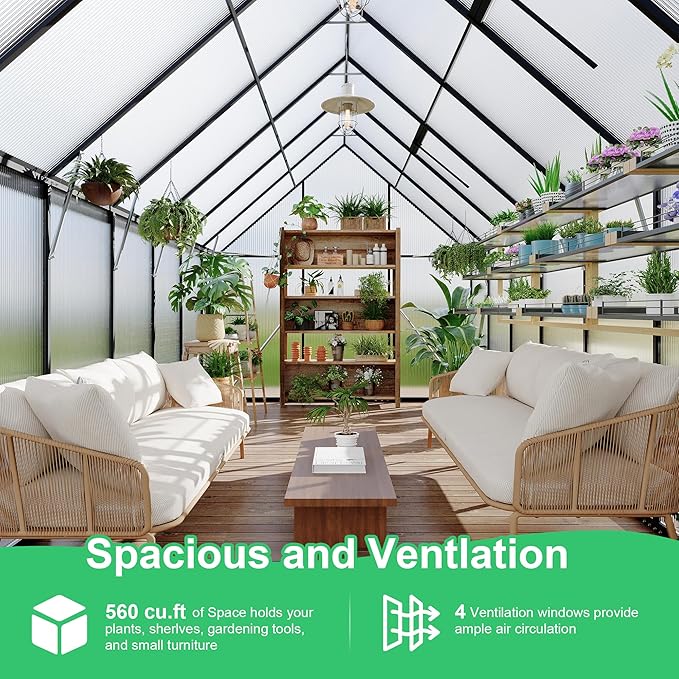 8 ft x14 ft Aluminum-Framed Polycarbonate Greenhouse, Heavy Duty Polycarbonate Greenhouse with Quick Setup Structure and Roof Vent, Large Enhanced Aluminum Green House Kit for Outdoors