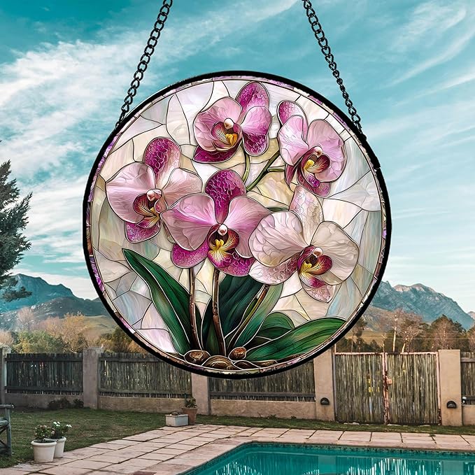 AMDERVEN Stained Glass Window Hanging - Pink Purple Phalaenopsis Flowers Sun Catcher for Door Home Decor Plant Suncatcher Christmas Mother's Day Birthday Gifts for Women Men Mom Nana 9.8 in