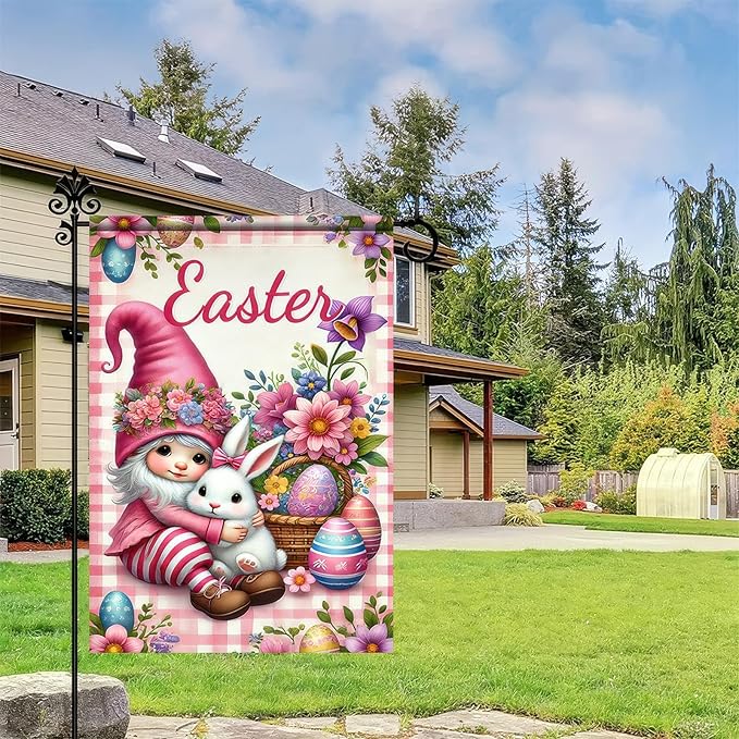 Easter Garden Flag 12x18 Inch Double Side Cute Girl Outdoor Decoration Yard Flag Welcome Easter Farmhouse Garden Flag Bunny and Flowers Outdoor Home Display Flag