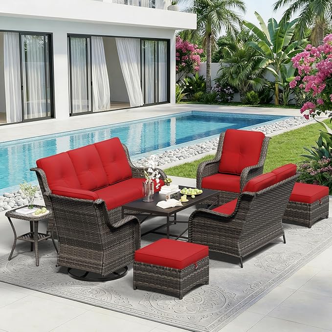 8 Piece Outdoor Wicker Patio Furniture Set, Outdoor Swivel Rocker Patio Chairs Set with Thickened Olefin Cushions, High Back and Deep Seating, Hand-Woven PE Rattan for Porch, Deck