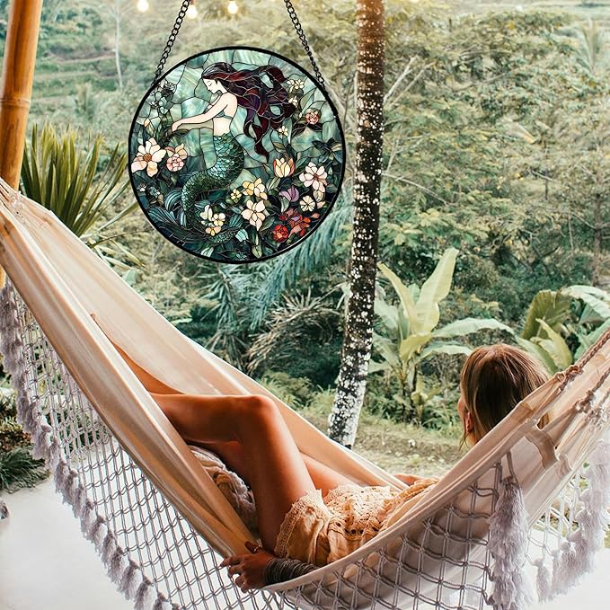 JOSUMALY Stained Glass Window Hanging - Teal Sleeping Mermaid Suncatcher for Door Terrace Garden Home Decor, Sea of Flowers Sun Catcher Birthday Gifts for Lovers Women Men Dad Mom Nana 9.8 in