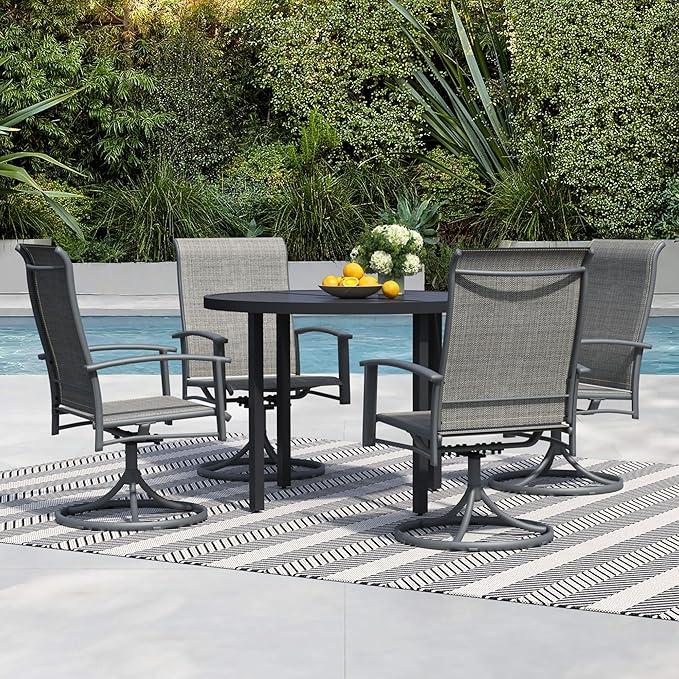 5 Pieces Outdoor Table and Chairs for 4, 42" Black Round Table with 4 Grey Swivel Chairs, Patio Set with Swivel Chair, Garden Tables for Outdoor, Patio Dining Set for Lawn Backyard Poolside