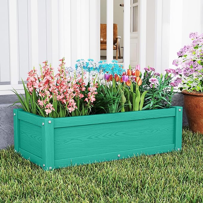 HDPE Raised Planter Box Outdoor,Rot-Resistant and Non-Cracking,Raised Beds for Gardening 29.5 * 14.4 * 9.8 in for Yard,Lawn,Outdoor Planter Boxes Rectangle with Drainage Holes Aruba Blue