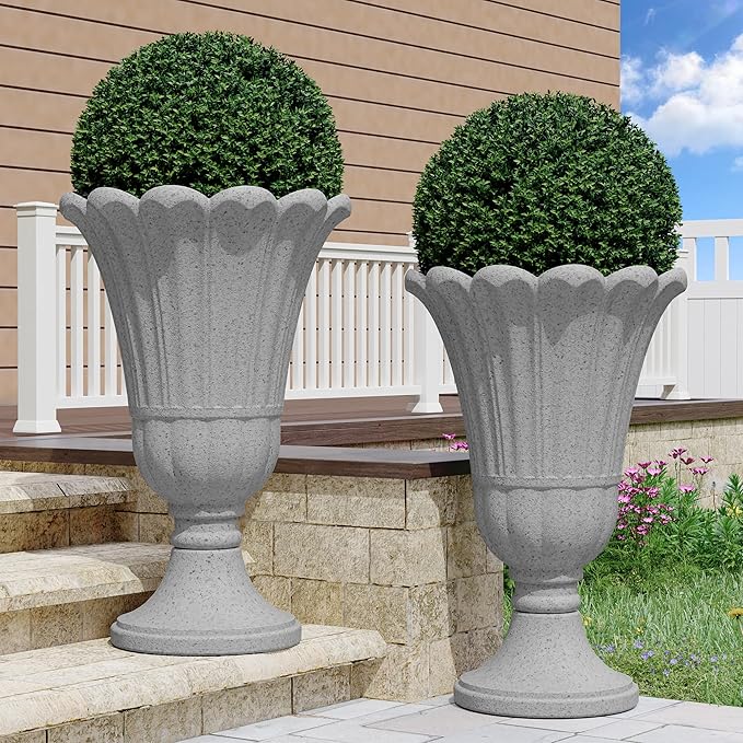 seethmi 23" Tall Planters for Outdoor Plants Set of 2, Planter with Drainage Holes and Petal Design, Large Outdoor Planters for Porch, Garden, Indoor, Grey