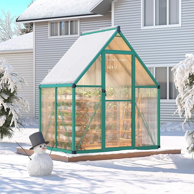 6 x 4 ft Greenhouse, Polycarbonate Walk-in Greenhouse with Aluminum Frame, Adjustable Roof Vent and Lockable Door, Green Houses for Outside, Garden, Backyard and Patio, Easy Assembly