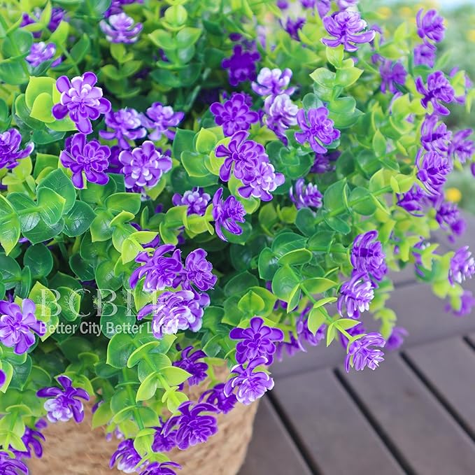 BCBLF Artificial Flowers for Outdoors, 12 Bundles UV Resistant Realistic Faux Plants for Outside Porch Planter, Spring Summer Home Garden Decoration, Purple