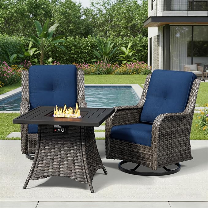 Joyside 3 Piece Wicker Patio Furniture Set with Fire Pit Table, Outdoor Swivel Rocker Patio Chairs with High Back, Deep Seating, Wide Armrest, Thickened Cushions, Outdoor Furniture for Deck, Porch Use