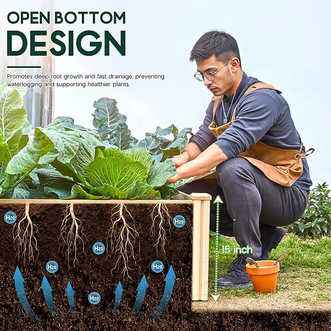 SPECRAFT 15 Inch Depth 8x4 FT Deep Wooden Raised Garden with Open Base, Extra Large Planter Box for Deep-Rooted Plants, Ideal for Outdoors, Patio, Backyard