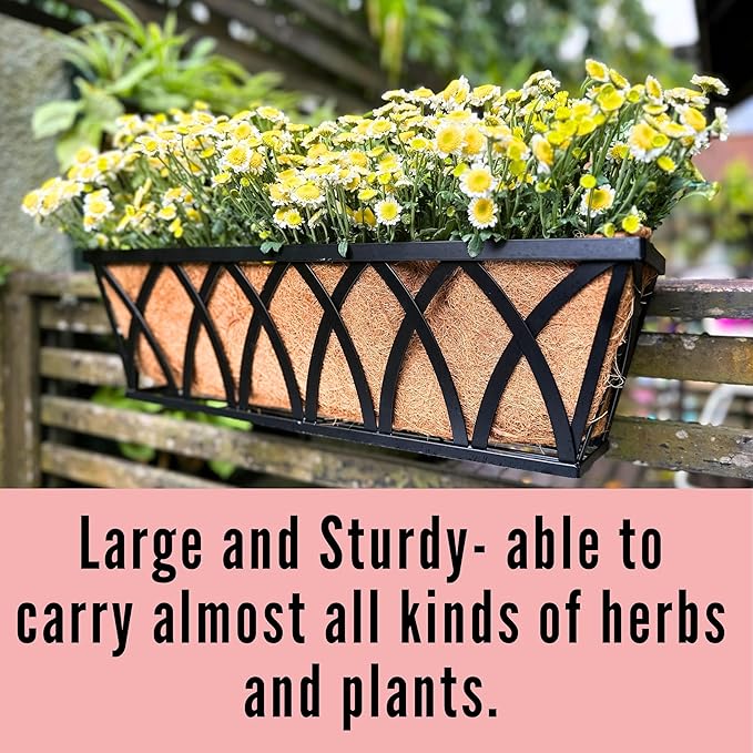 LaLaGreen Wall Planters (4 Pack, 36 Inch) Black Metal Rectangular Hanging Flower Box Window Boxes Planters with Coco Liner Rustic Flower Basket Plant Holder Deck Rail Railing Patio Large Balcony Fence