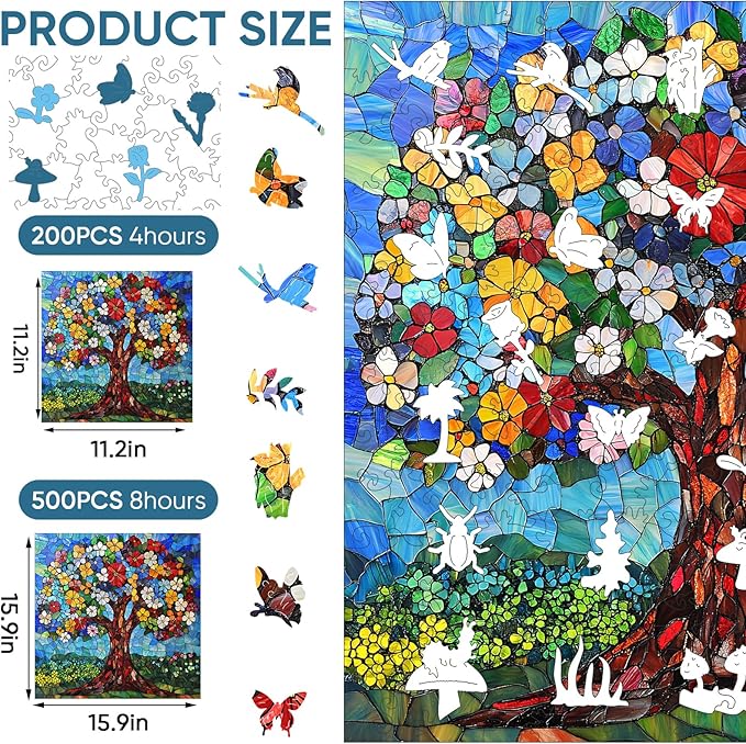 Delobil Puzzles for Adults 500 Pieces, Flower Tree Jigsaw Puzzles, Unique Shaped Stained Glass Wooden Puzzles for Adults and Kids, Plant Art Birthday Gifts Family Game, 15.9 x 15.9 Inches