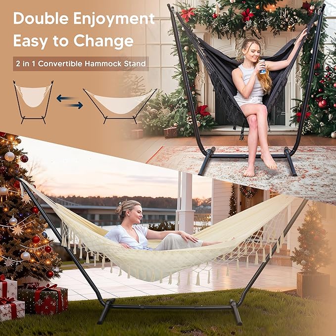 SUNCREAT 2-in-1 Convertible Portable Double Hammock with Stand Included, Outdoor Hammock and Stand, Patented, Natural Tassel