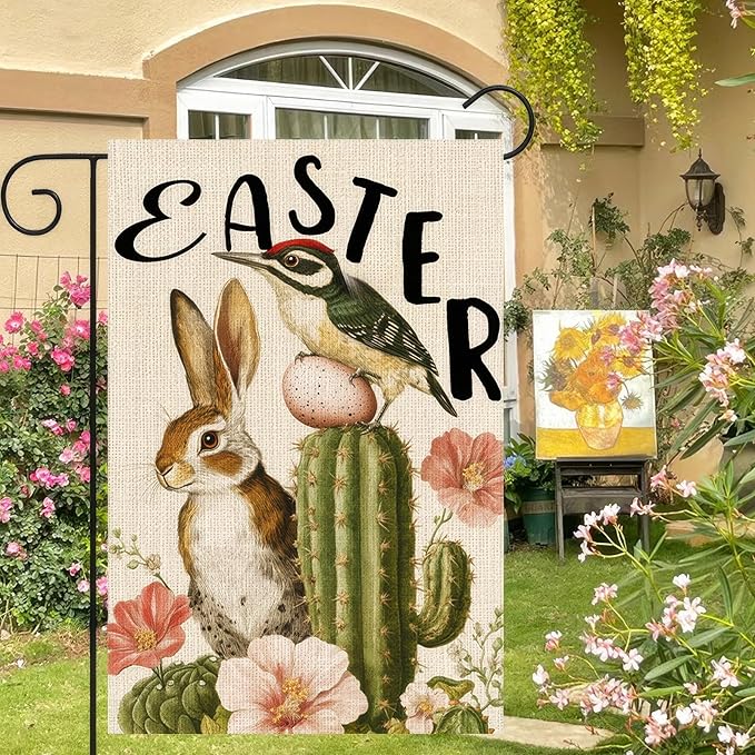 Easter Garden Flag 12x18 Inch Double Sided Spring Bunny Garden Flags Bird Cactus Yard Flag for Spring Easter Decor Porch Farmhouse Outdoor Outside Decortion