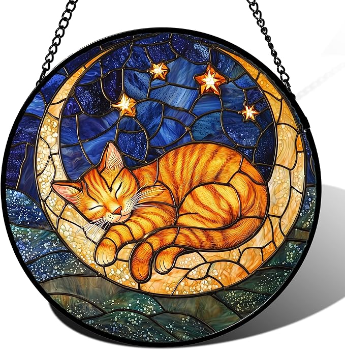 AMDERVEN Stained Glass Window Hanging - Orange Moon Sleeping Cat Sun Catcher for Door Home Decor Blue Starry Sky Suncatcher Christmas Mother's Day Birthday Gifts for Women Men Mom Nana 15 in