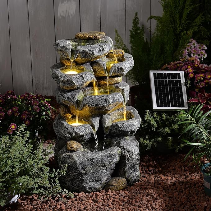 Solar Water Fountain Outdoor Garden, 24" H Cascading Stone Design 5 Tier Rock Feature Outdoor Fountains Waterfalls with Light, Pump Solar Panel for Patio, Deck, Porch, Backyard Home Décor