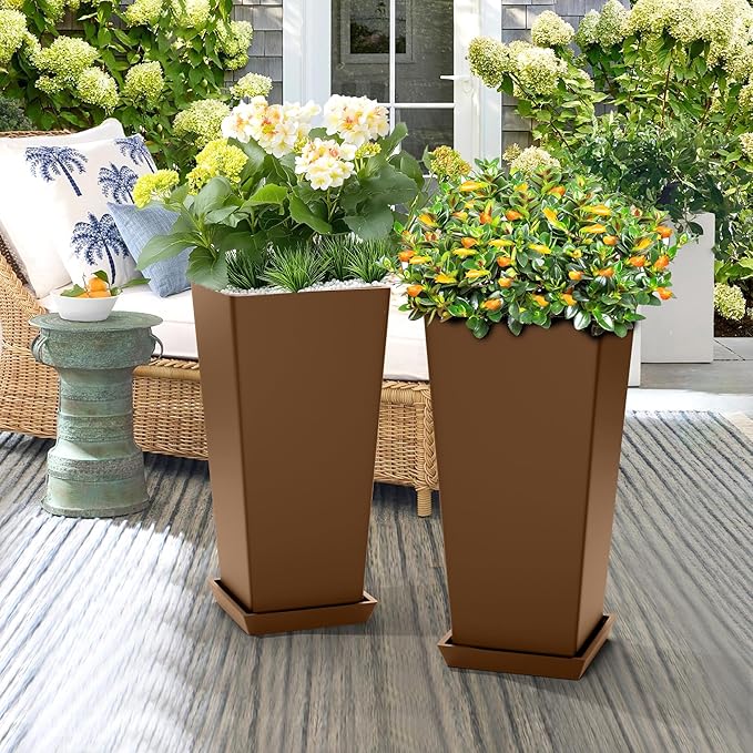 TUYOHW Set of 4 24" Tall Plastic Planters with Trays, Large Tapered Plant Pots for Indoor Outdoor Use, Modern Decorative Planters for Porch, Patio, Garden, and Backyard