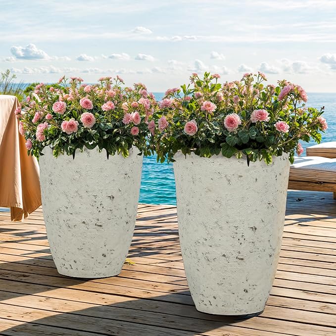 Autodaya 19.5" Resin Tall Planters for Outdoor Plants, Set of 2 Country White Large Flower Pots with Handmade Birch Bark Texture, Heavy-Duty and Weather-Resistant for Year Round Indoor Outdoor use