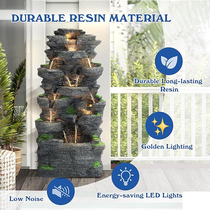 40''H Outdoor Water Fountain - Garden Rock Waterfall Fountains, Outdoor/Indoor Floor Standing Resin Water Fountain with 10 LED Light for Patio, Garden and Backyard, Deck, Porch, Home