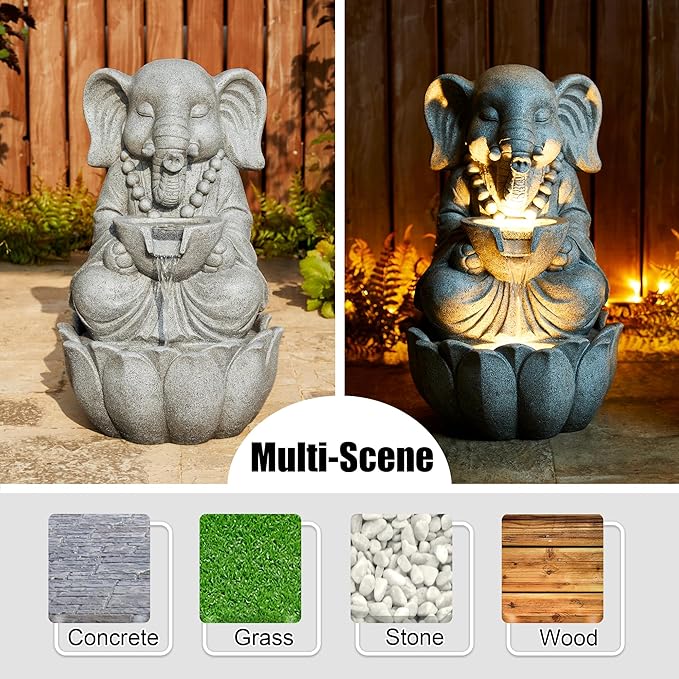 Glitzhome 2-Tiered Zen-Style Concrete Elephant Polyresin Outdoor Fountain with Pump and LED Light, 21.75" H